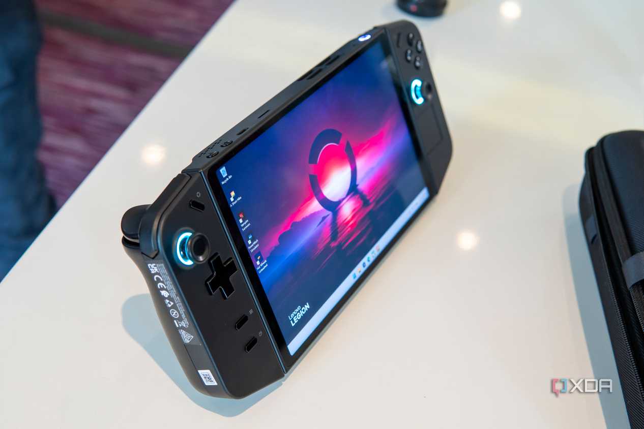 Angled view of the Lenovo Legion Go showing a desktop background
