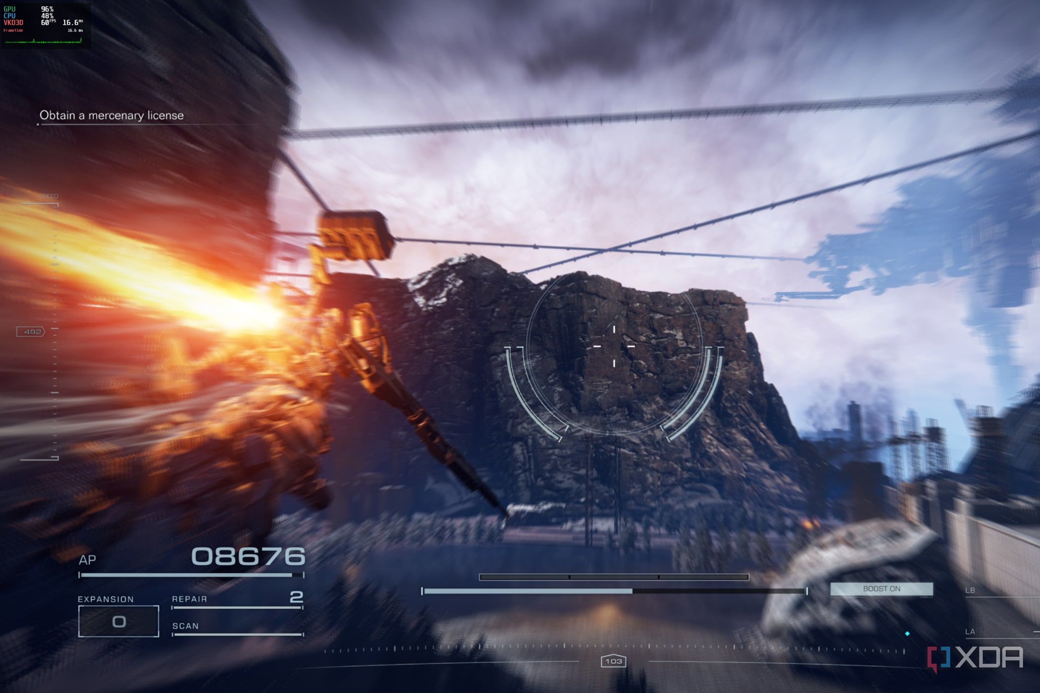 A screenshot of Armored Core 6 running at 1440p/60FPS on a Pop_OS system