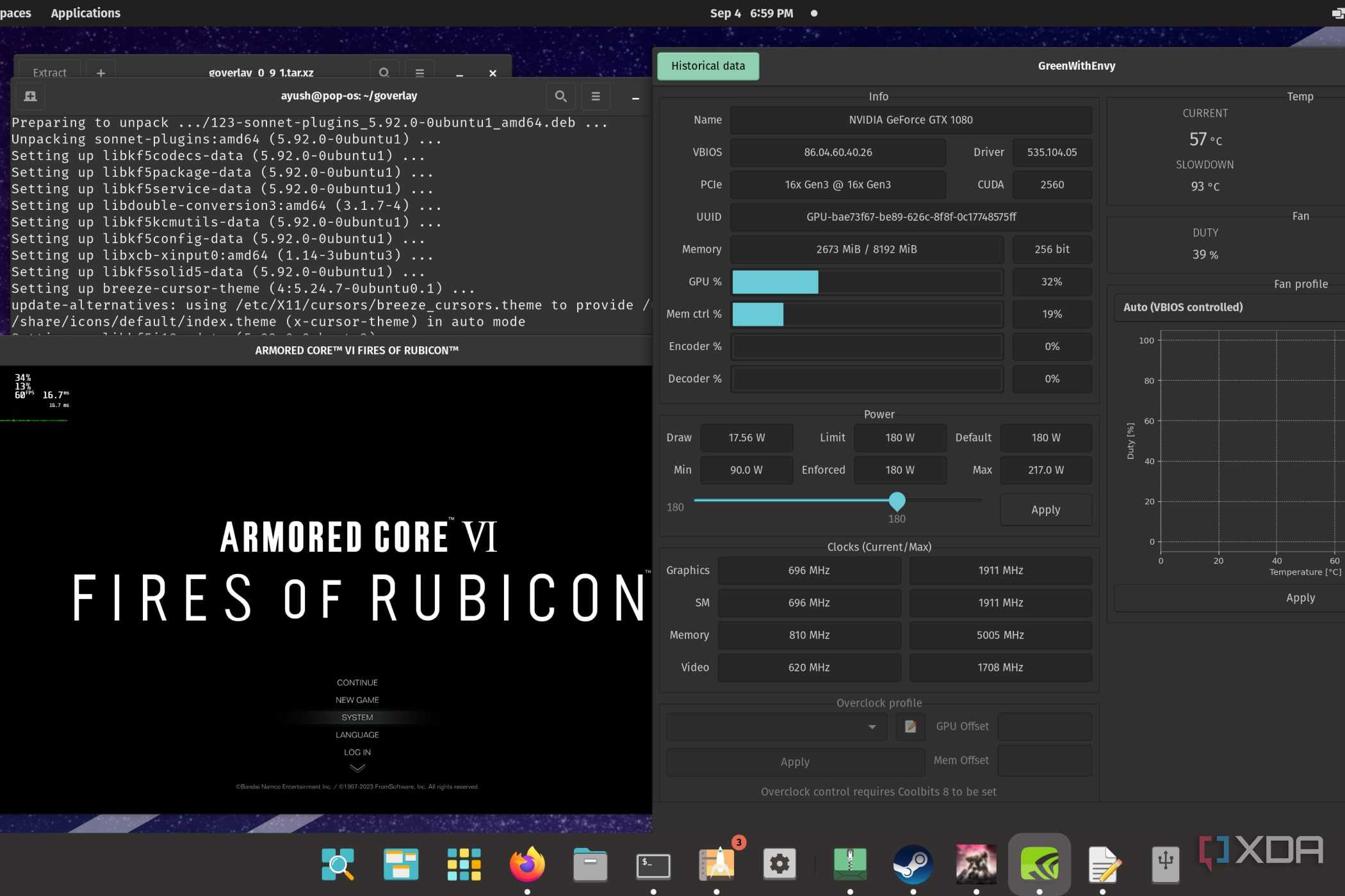 A screenshot depicting the various video game customization tools available on Pop!_OS