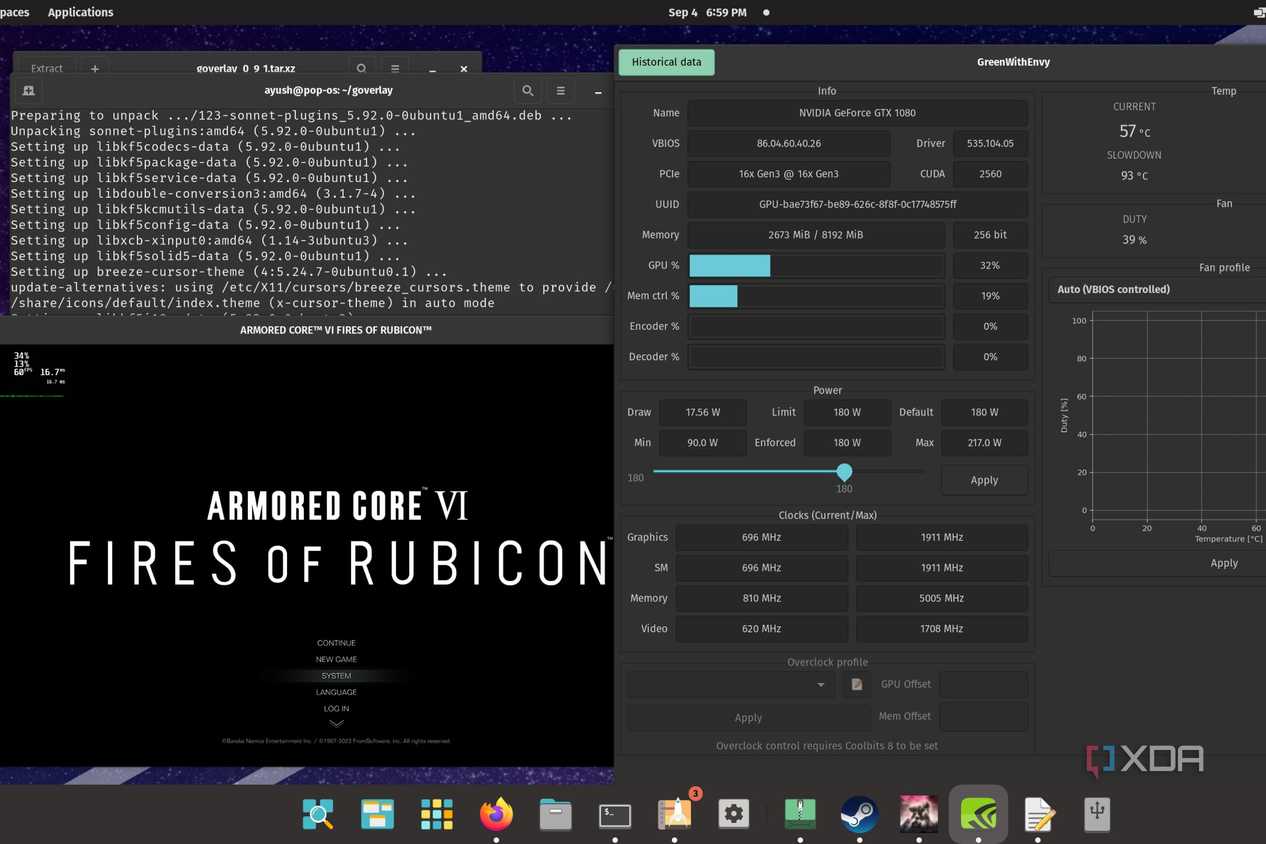 A screenshot depicting the various video game customization tools available on Pop!_OS
