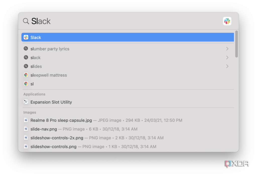 spotlight search on macOS showing results for slack