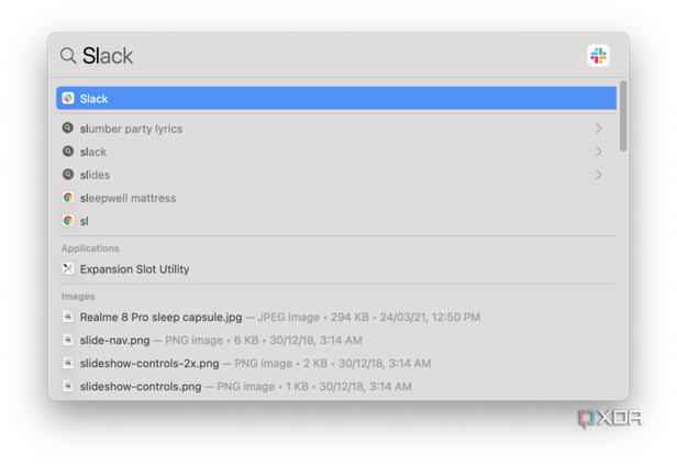 spotlight search on macOS showing results for slack