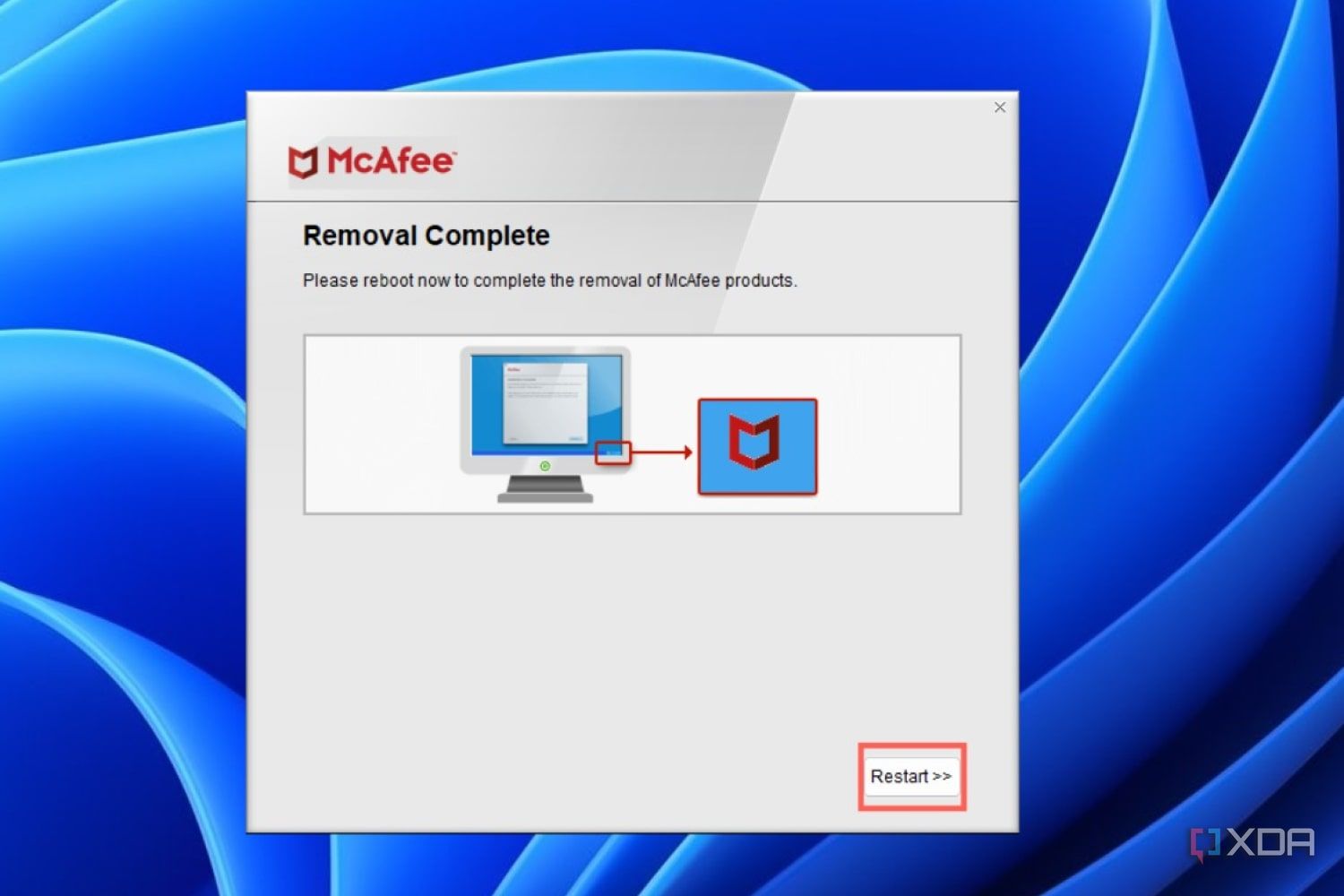 Click on the Restart button to finish uninstalling McAfee.