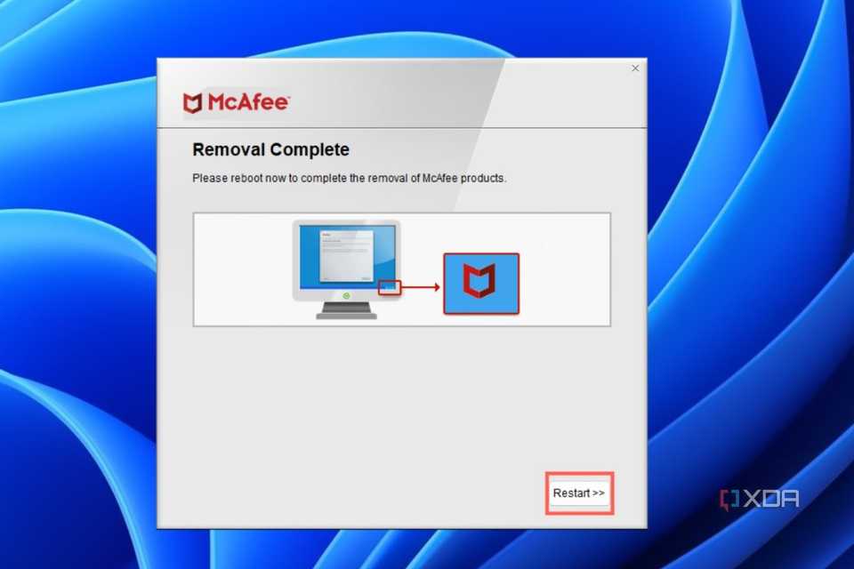 Click on the Restart button to finish uninstalling McAfee.