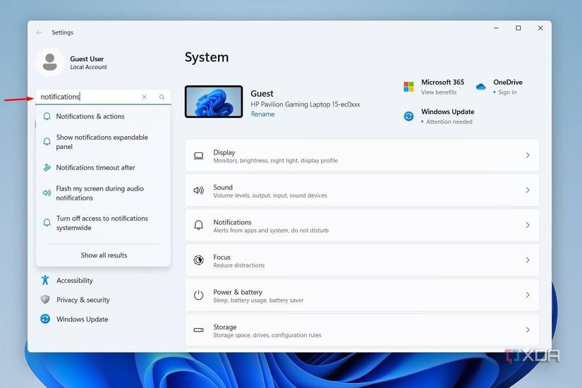 Windows 11 screenshot that depicts searching for notifications in the Settings app.