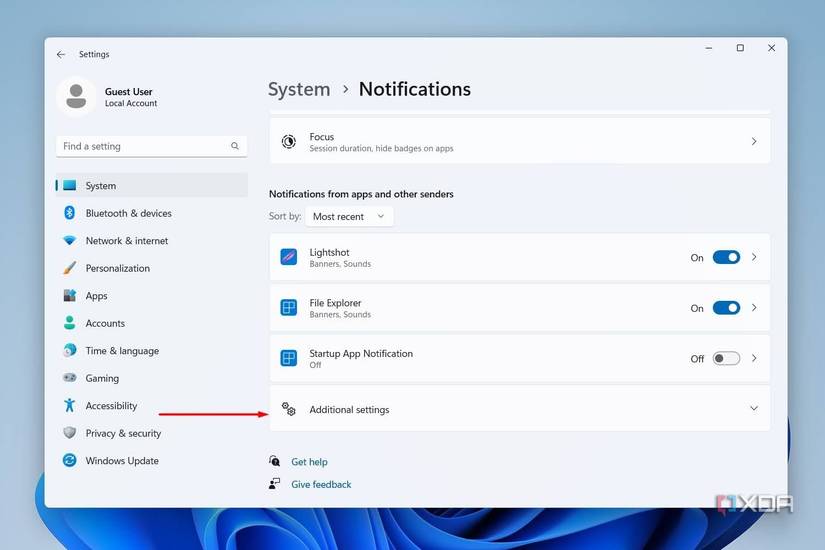 Windows 11 screenshot that highlights additional settings in the notifications menu in Settings app