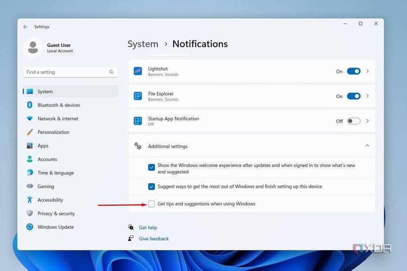 Windows 11 screenshot that shows how to turn of tips and suggestion notifications