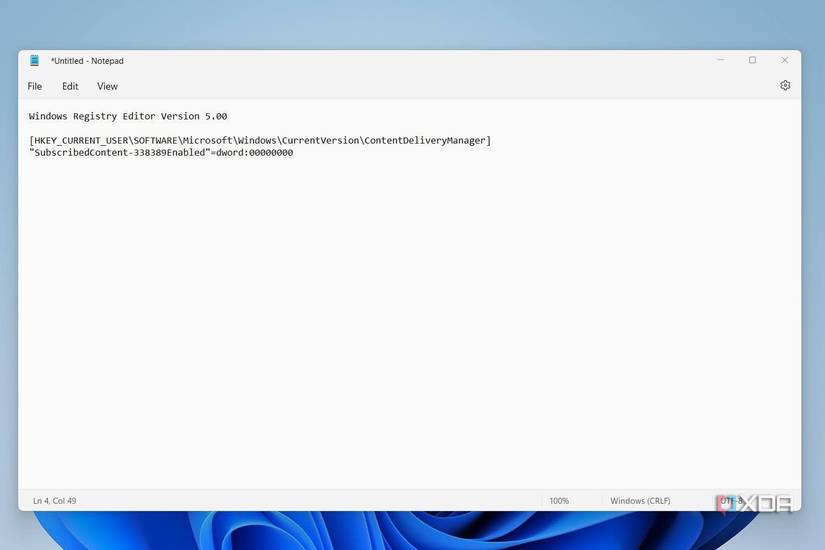 Windows 11 screenshot that shows a registry editor file being created in the notepad
