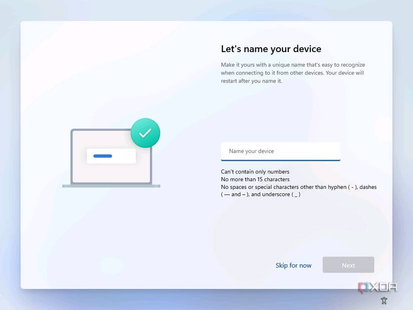Screenshot of Windows 11 out-of-box experience asking the user to name their device