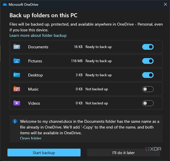 Screenshot of OneDrive backup settings