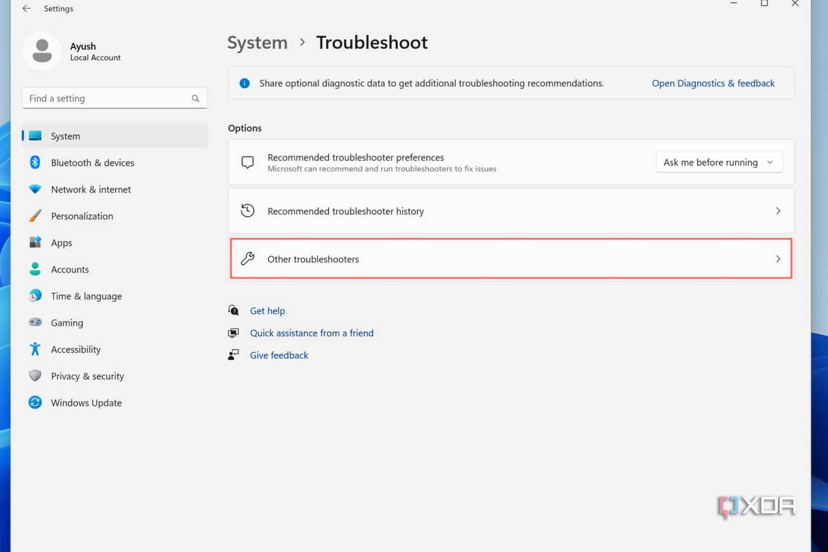 Click on Other troubleshooters.