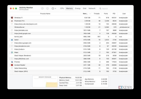 macOS activity monitor showing memory usage while running a Windows 11 VM.
