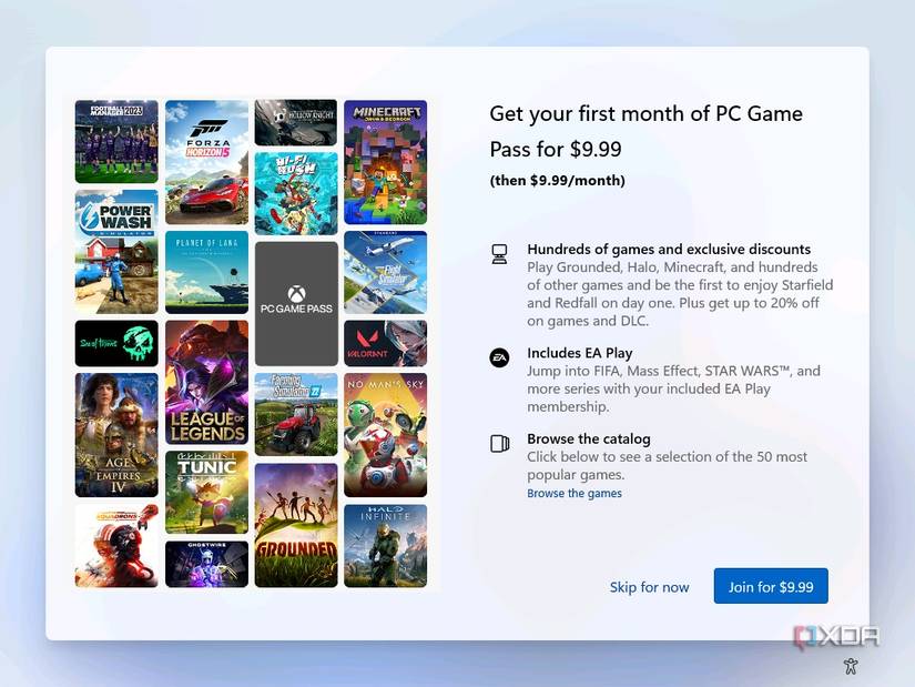 Screenshot of Windows 11 setup offering a PC Game Pass subscription