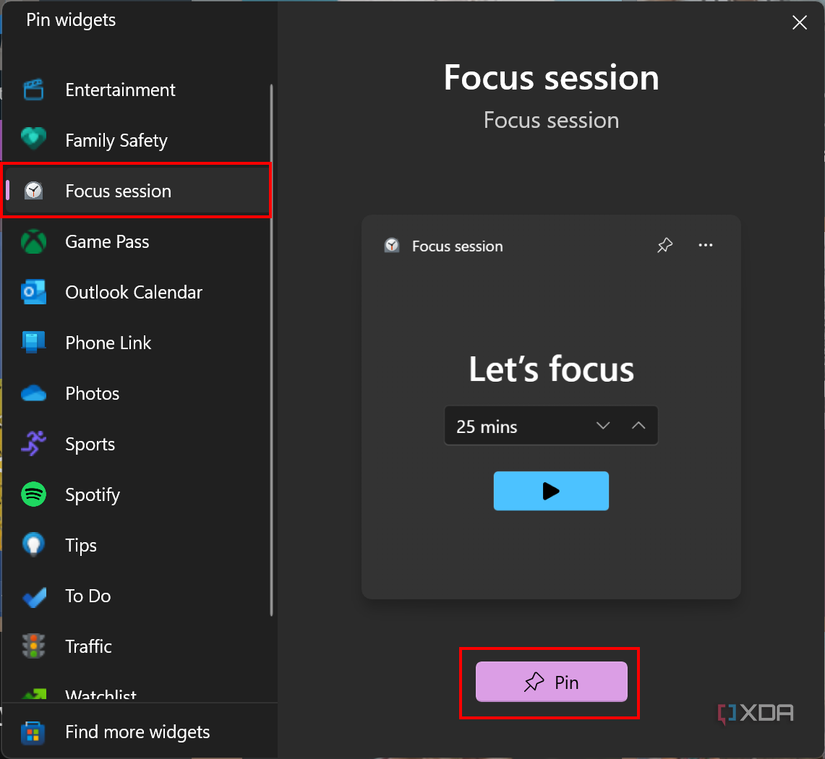 Screenshot of the add widgets dialog with Focus session selected and the Pin button highlighted