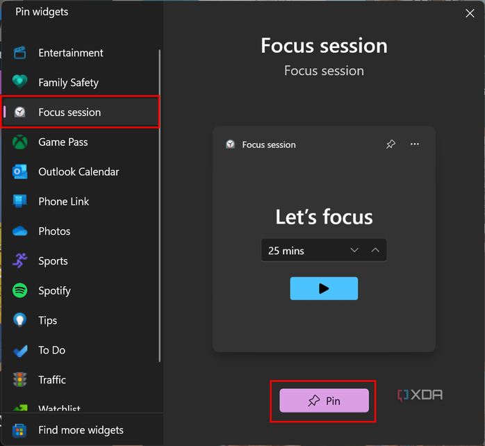 Screenshot of the add widgets dialog with Focus session selected and the Pin button highlighted