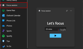 Screenshot of the add widgets dialog with Focus session selected and the Pin button highlighted