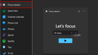 Screenshot of the add widgets dialog with Focus session selected and the Pin button highlighted