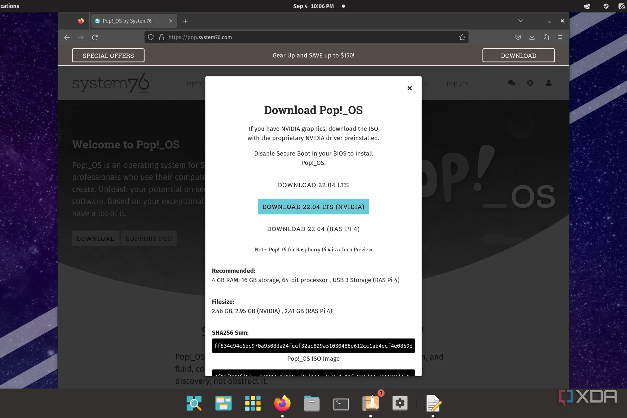 A screenshot showcasing the download page for Pop!_OS version 22.04 LTS with Nvidia drivers pre-installed