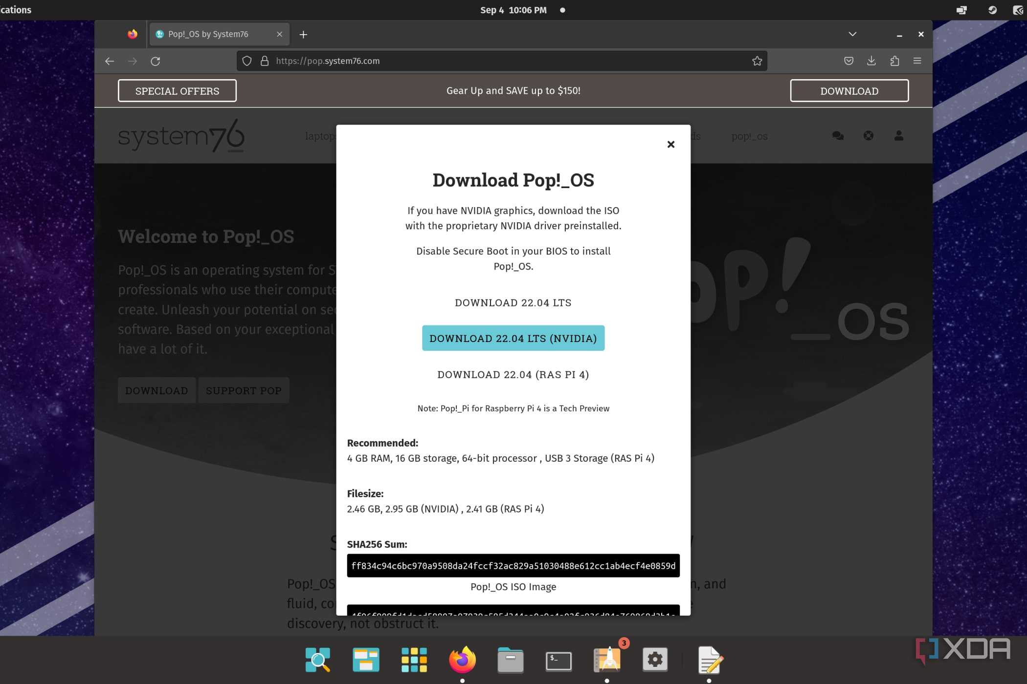 A screenshot showcasing the download page for Pop!_OS version 22.04 LTS with Nvidia drivers pre-installed