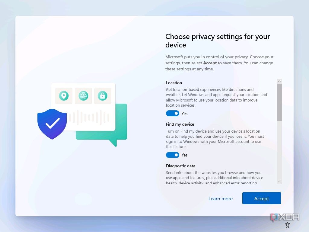 Screenshot of privacy settings shown during Windows 11 setup, including location access