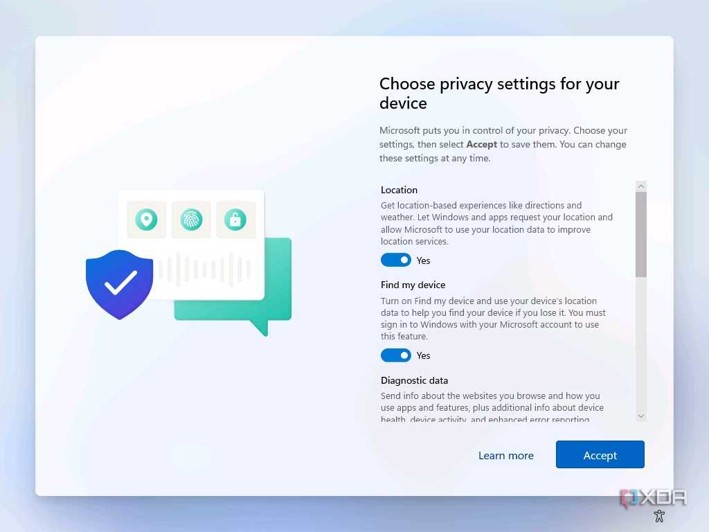 Screenshot of privacy settings shown during Windows 11 setup, including location access