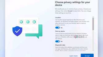Screenshot of privacy settings shown during Windows 11 setup, including location access