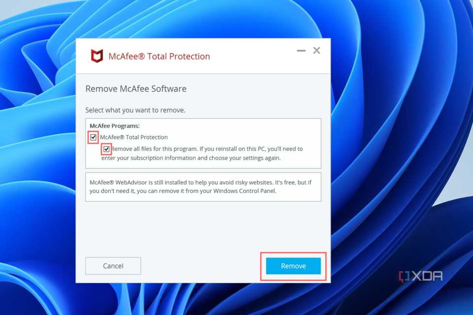 A screenshot depicting all the checkboxes you need to enable when uninstalling McAfee.