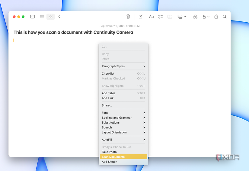 The options on the right-click menu for text editing on macOS.
