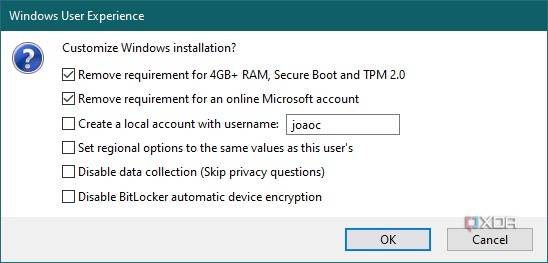 Screenshot of the Windows 11 customization options in Rufus. Options to remove Microsoft account requirements, Secure Boot, and TPM 2.0 are enabled by default.