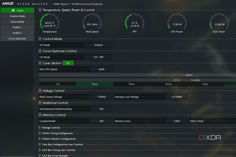 Ryzen Master window advanced view showing CPU temperature