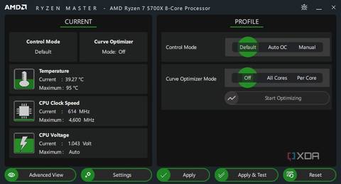 Ryzen Master window basic view showing CPU temperature