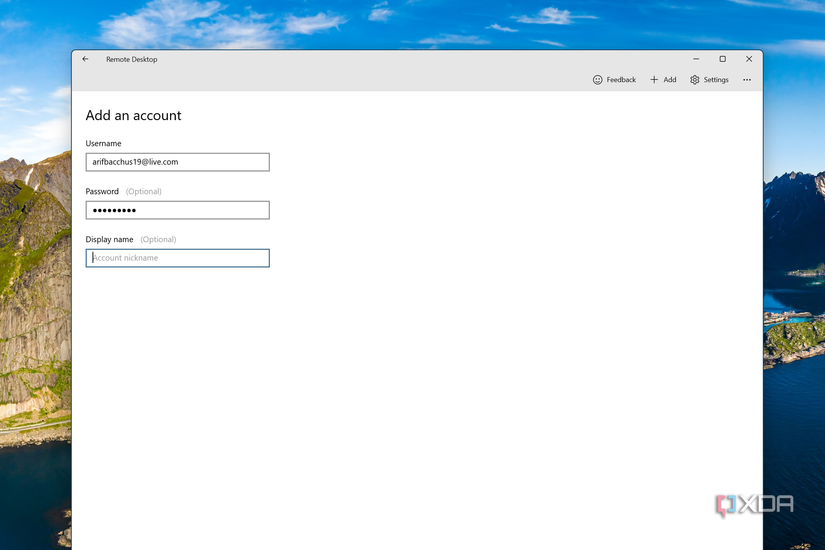 Adding an account in the Remote Desktop settings