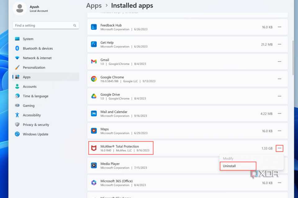 A screenshot depicting the steps to uninstall McAfee via Settings.