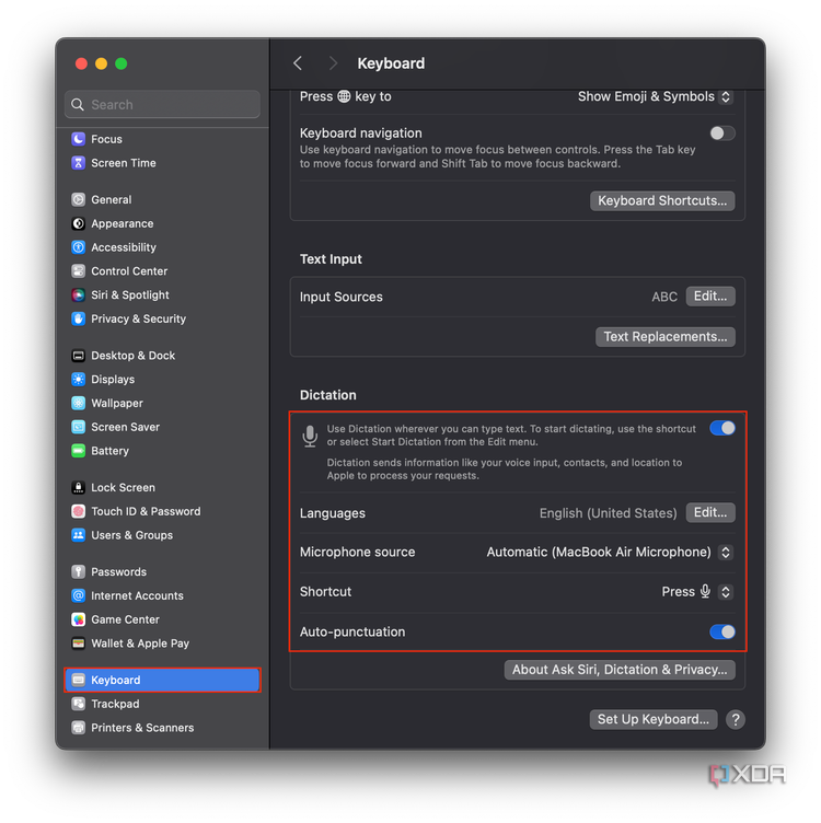 dictation settings on macOS