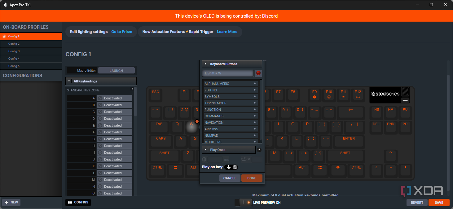 Screenshot of SteelSeries GG showing dual binding cusotmization for the Apex Pro TKL keyboard. The W key has a custom binding to press Shift and W simultaneously.