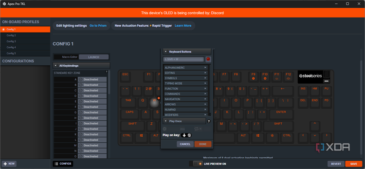 Screenshot of SteelSeries GG showing dual binding cusotmization for the Apex Pro TKL keyboard. The W key has a custom binding to press Shift and W simultaneously.