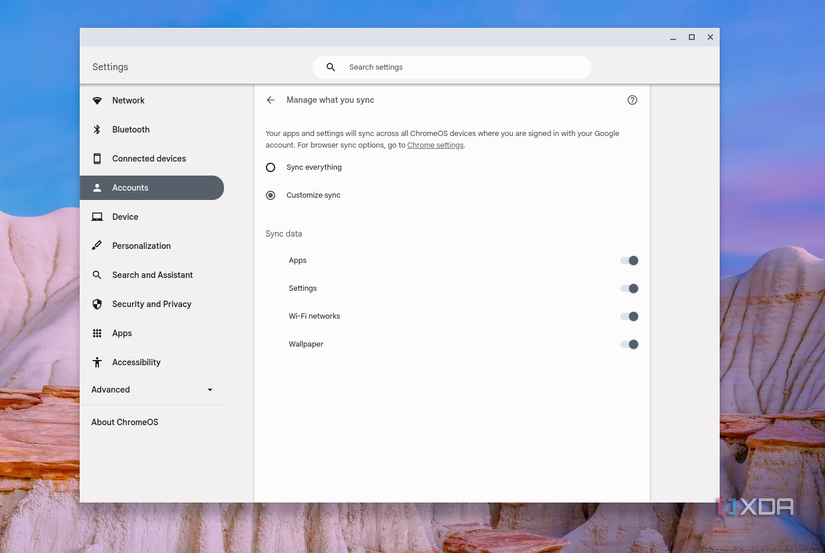 The sync settings on ChromeOS with toggle switches turned on