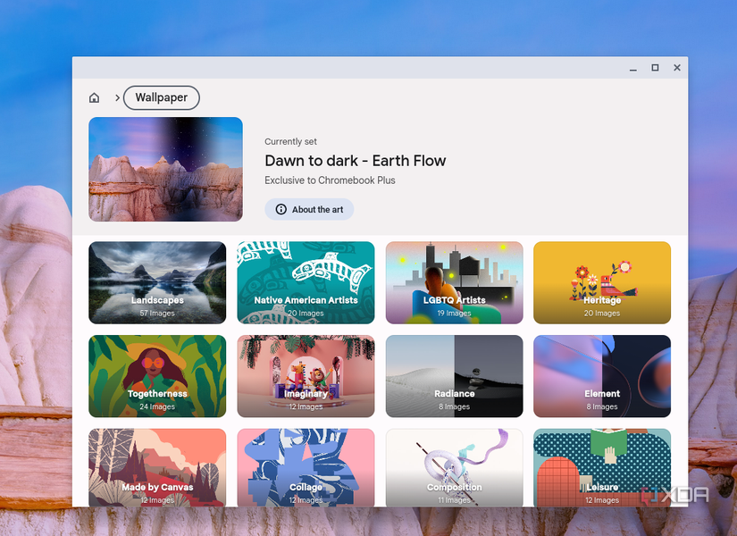 The various themed wallpapers in the ChromeOS settings app