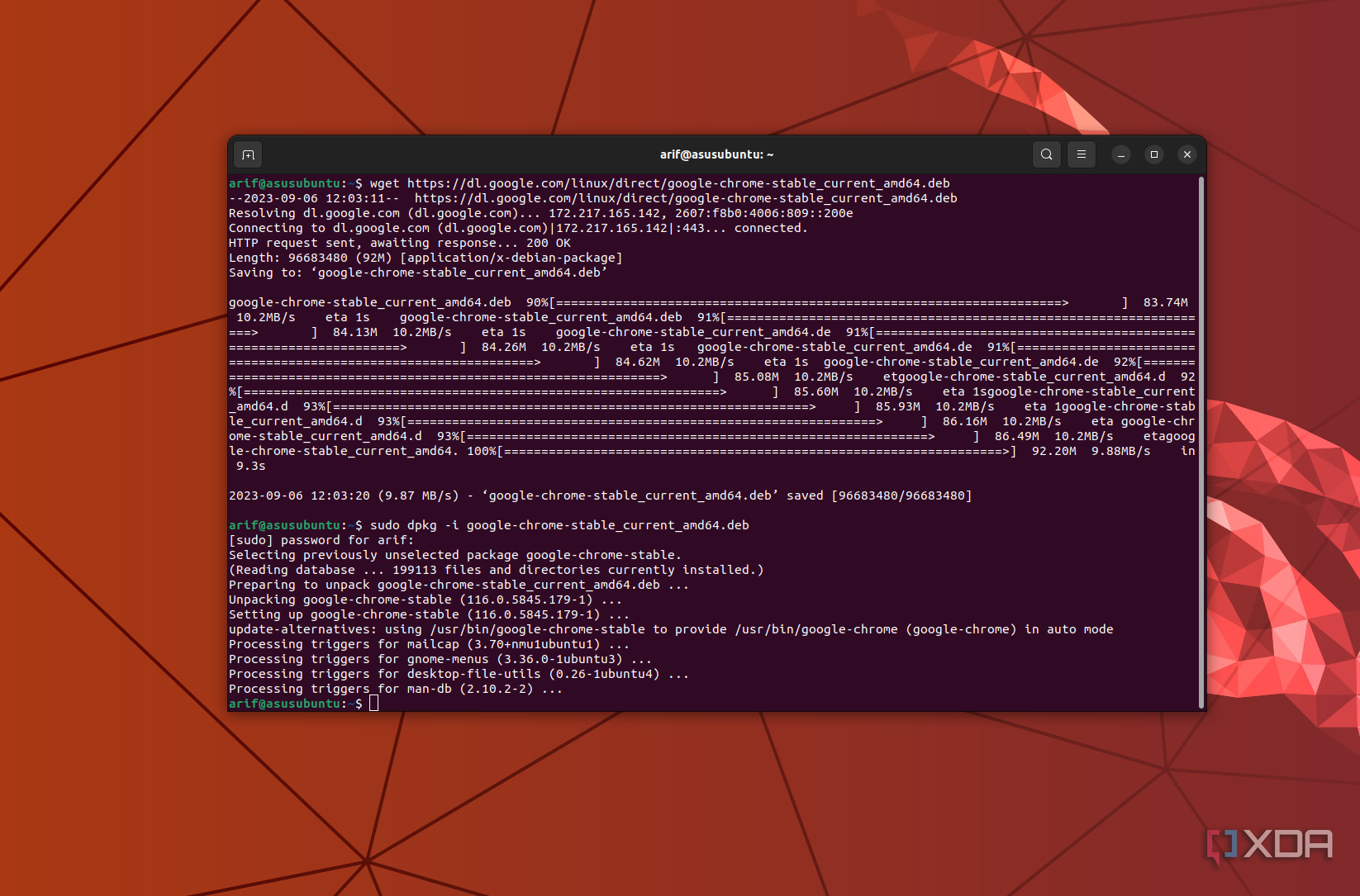 A screenshot of the terminal code in Ubuntu for installing Chrome through the Linux Terminal