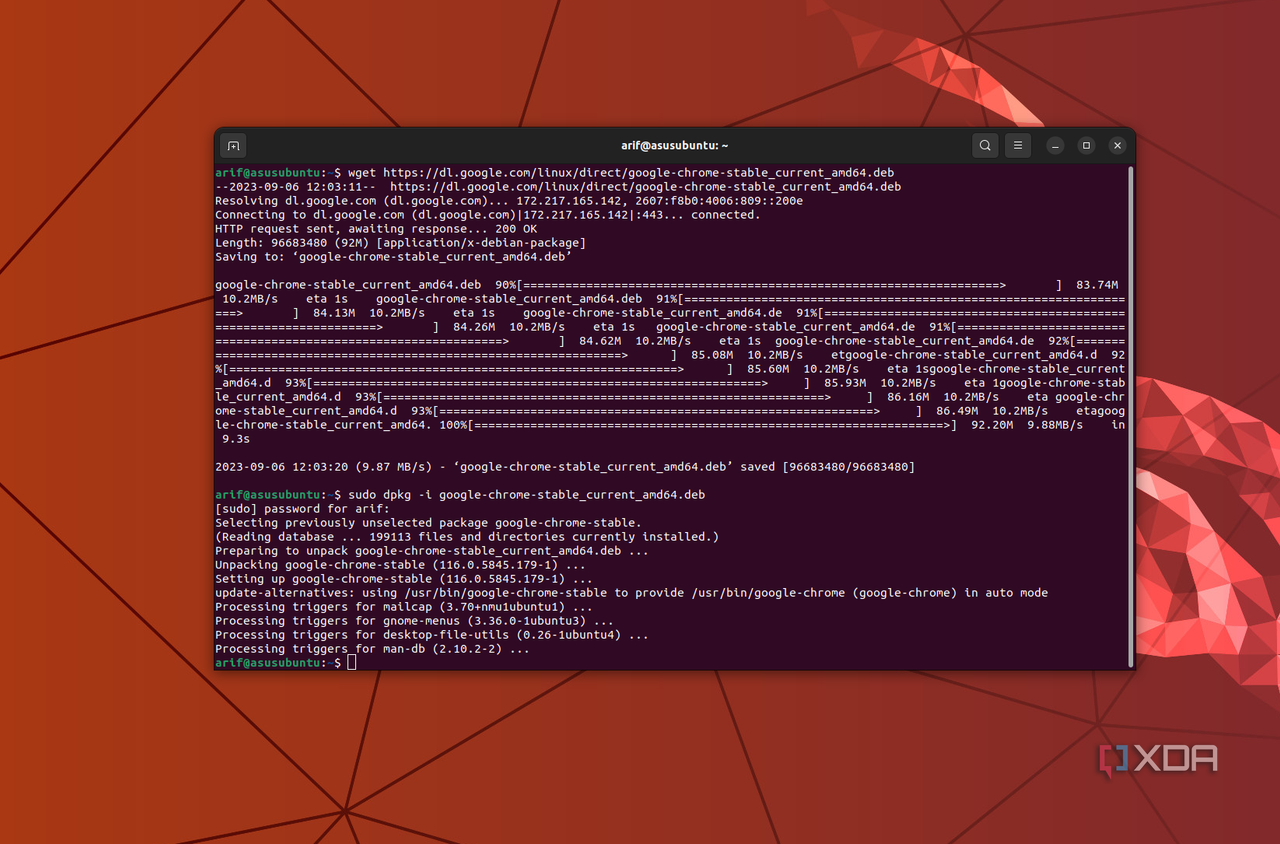 A screenshot of the terminal code in Ubuntu for installing Chrome through the Linux Terminal