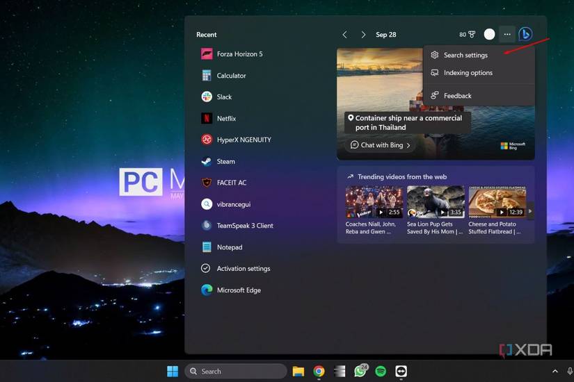 Windows 11 screenshots that shows the Search settings menu in the search box