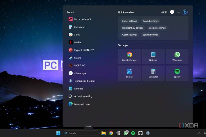 Windows 11 screenshot that shows the search box with search highlights disabled