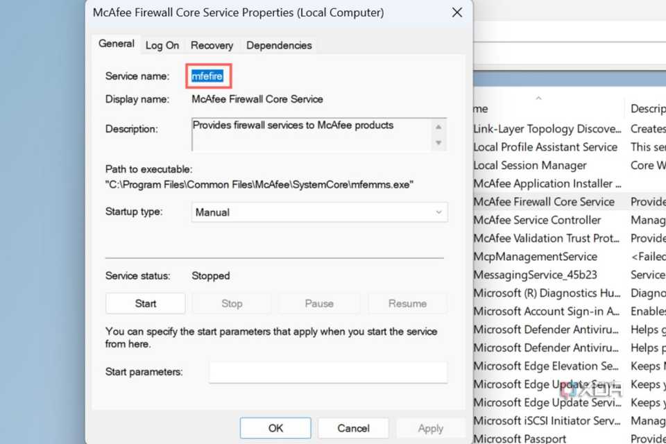 Copy the name of the McAfee service.