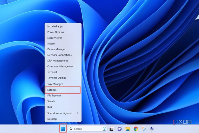 A screenshot depicting the procedure to open Settings on Windows 11