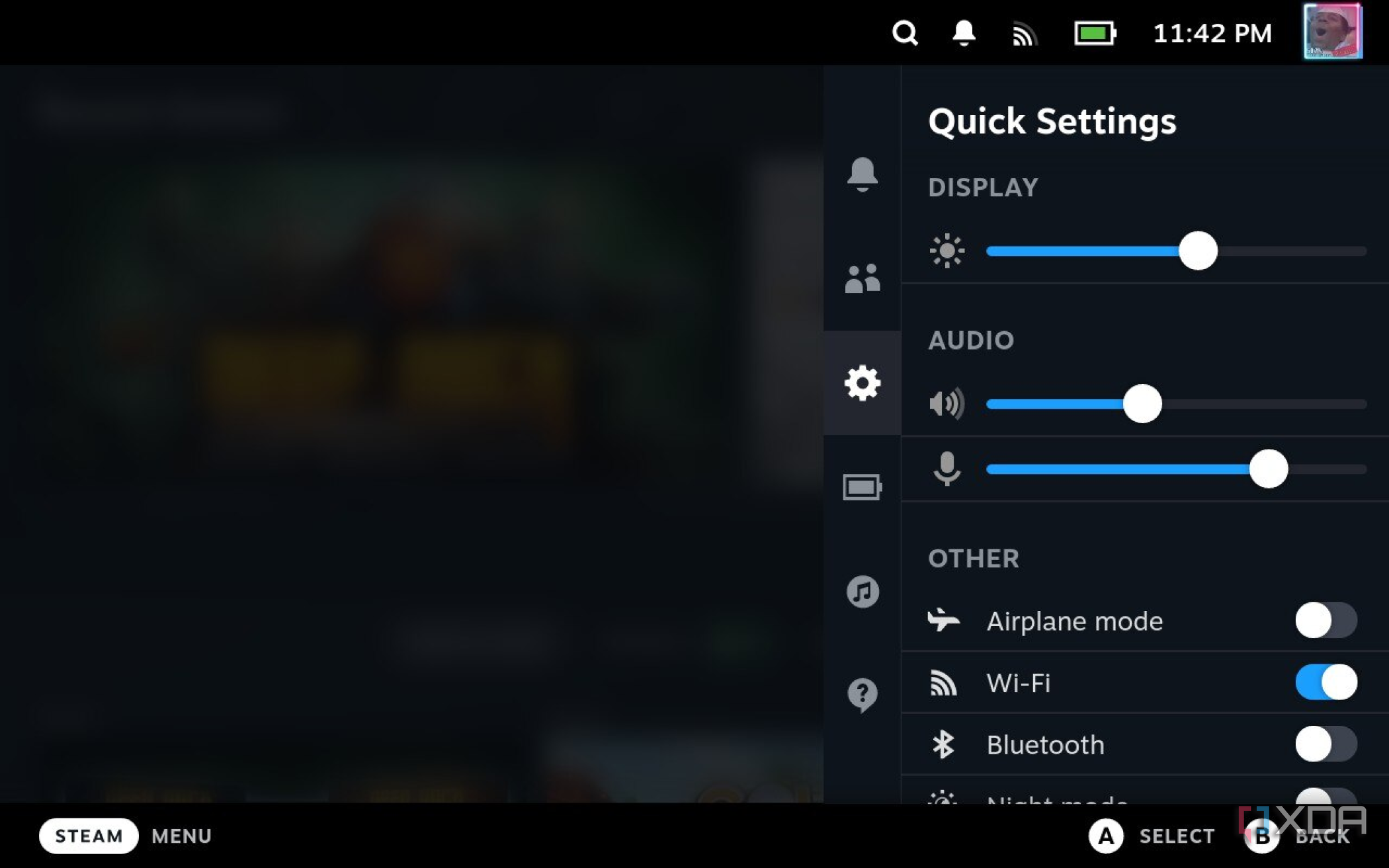 Steam Deck quick settings menu.