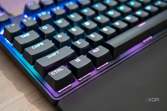 Close-up view of the SteelSeries Apex Pro TKL seen from the bottom left corner