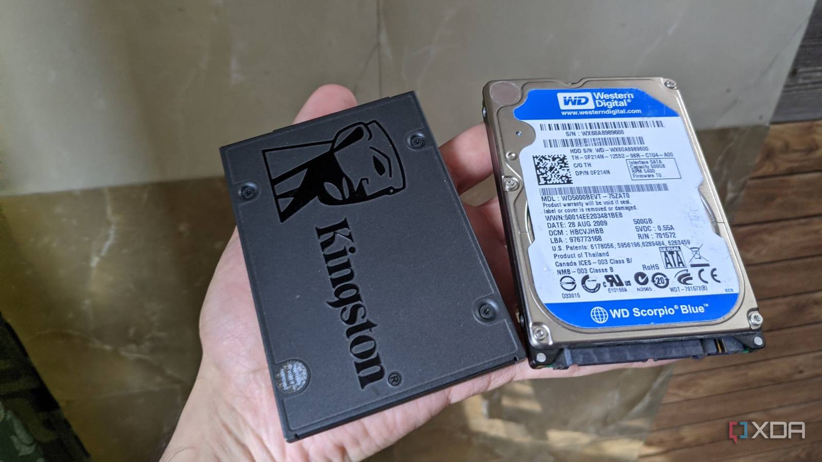 An image of a Kingstone SSD kept adjacent to a WD hard drive.