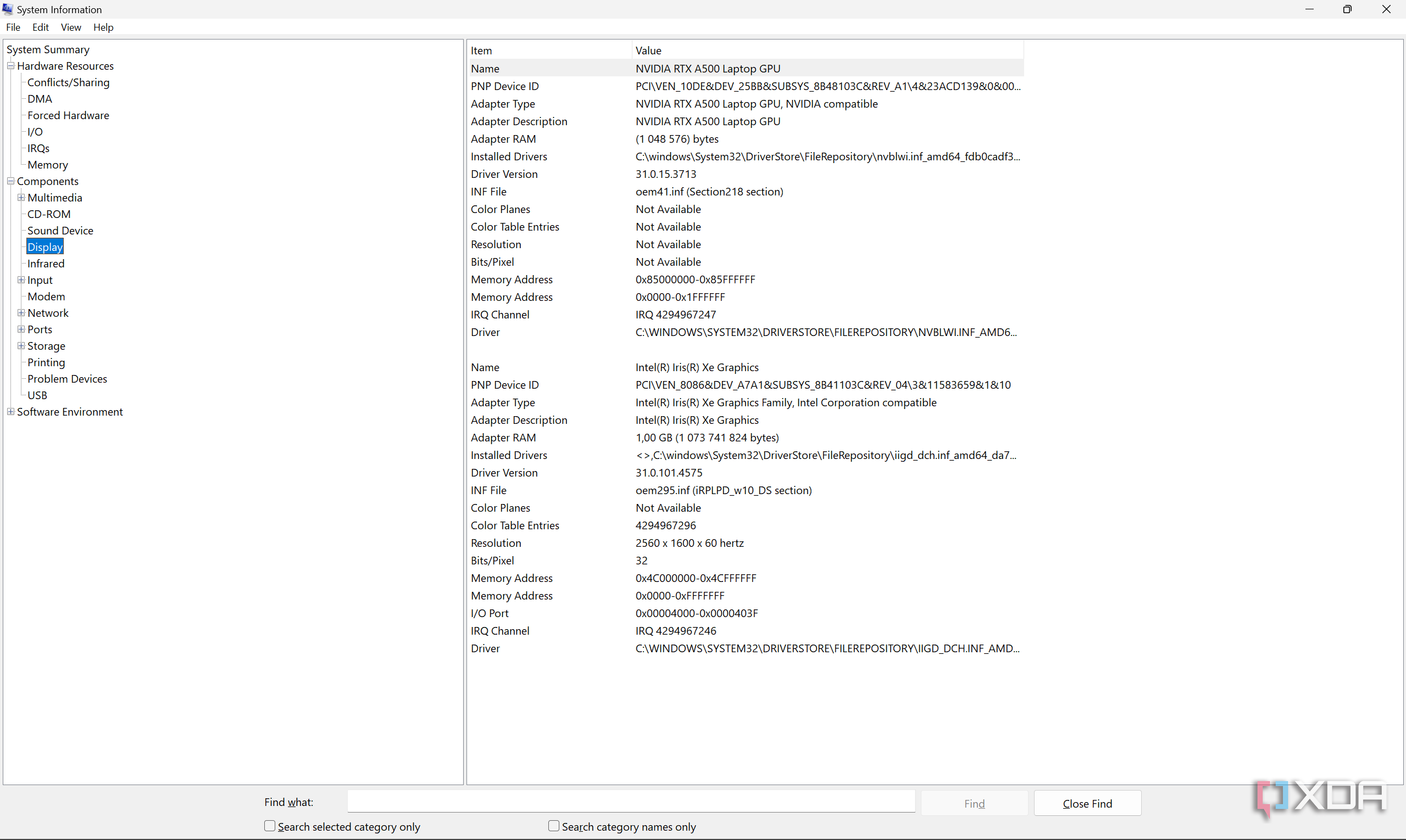 Screenshot of System Information showing information about the display devices in the device