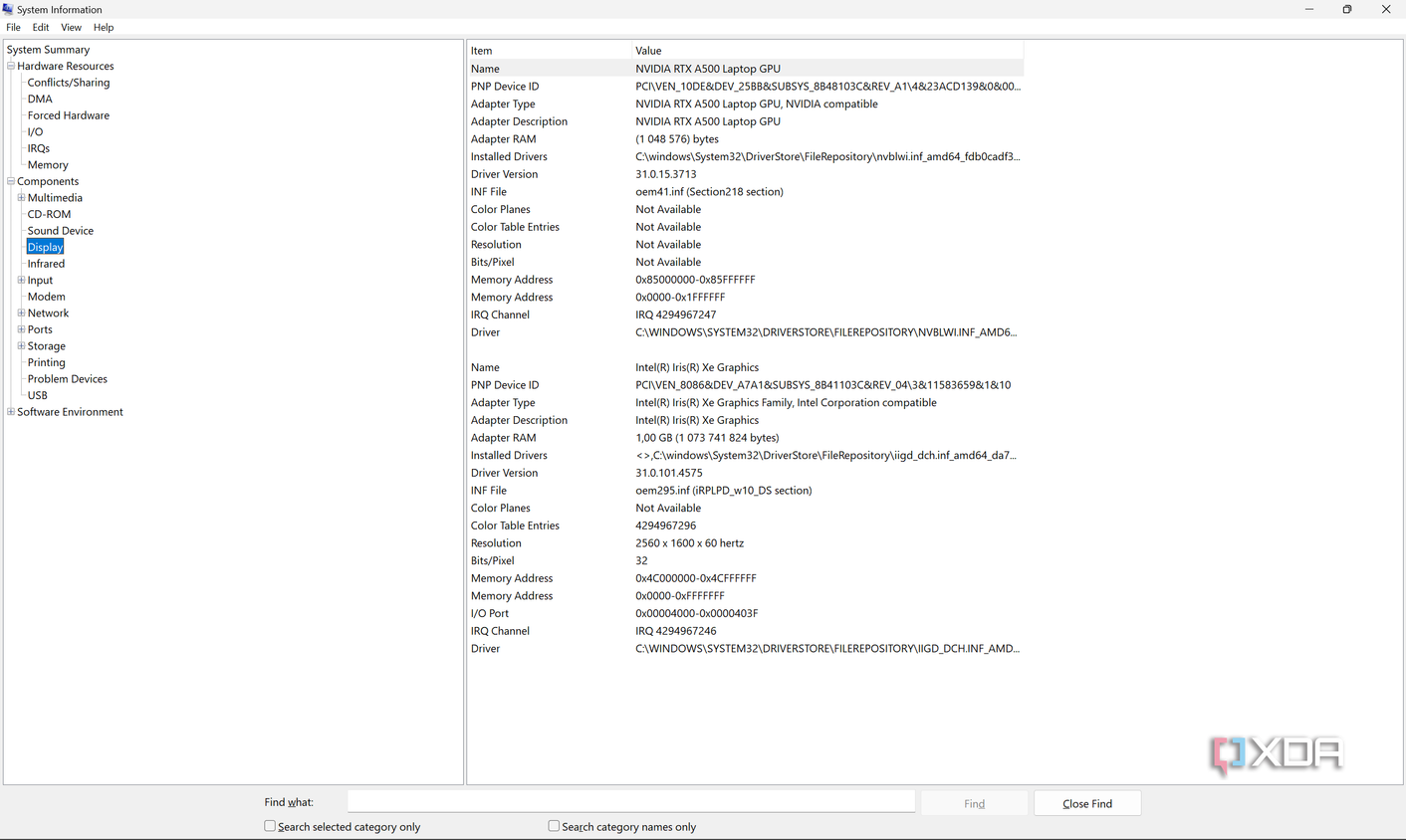 Screenshot of System Information showing information about the display devices in the device