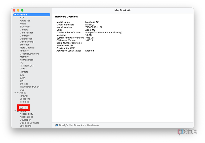 The wifi tab in the Mac system report.